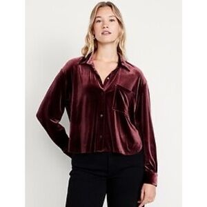 Old Navy Velvet Cropped Button Down Shirt Burgundy Raisin Arizona M Tall